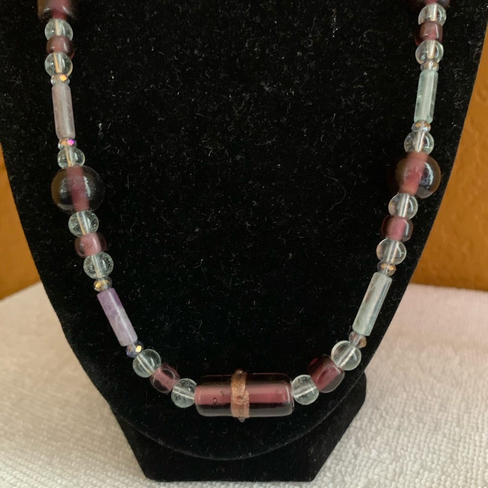 Purple and clear glass bead necklace